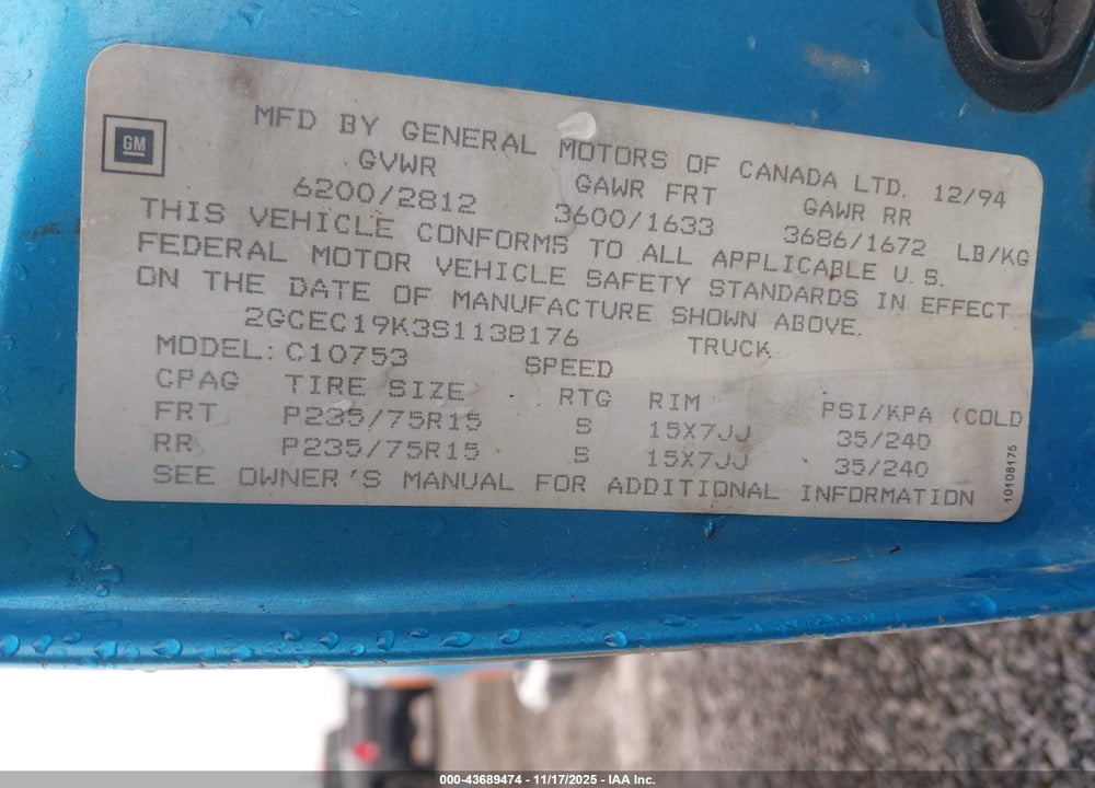 1995 CHEVROLET GMT-400 C1500 VIN: 2GCEC19K3S1138176