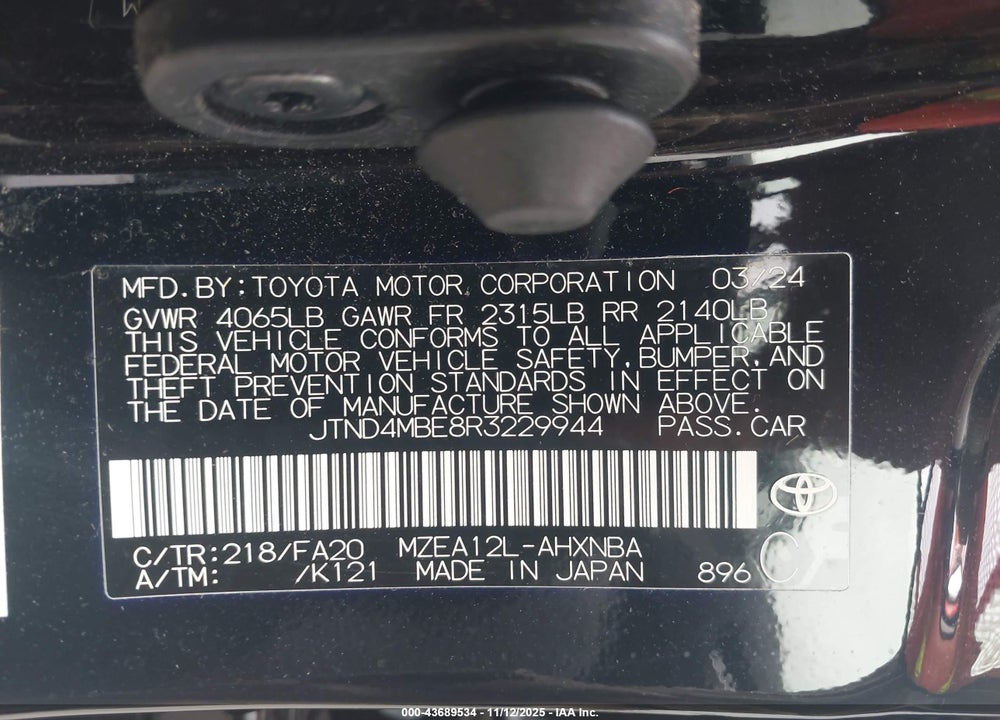 2024 TOYOTA COROLLA SE VIN: JTND4MBE8R3229944