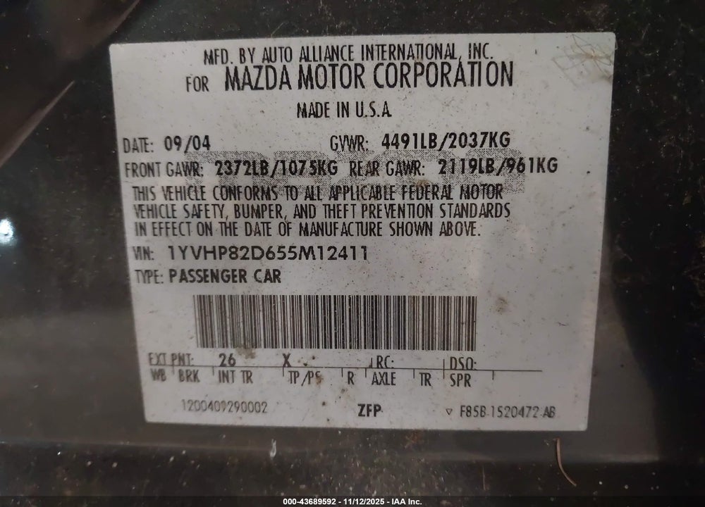 2005 MAZDA 6 S BASE VIN: 1YVHP82D655M12411