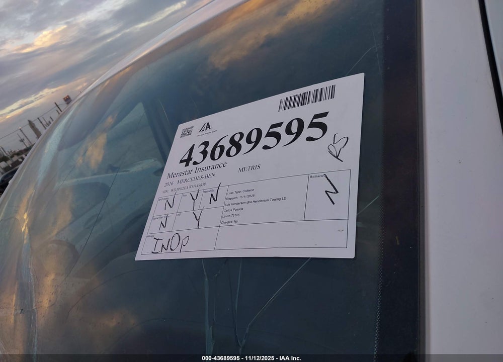 2016 MERCEDES-BENZ METRIS VIN: WD3PG2EA7G3149838