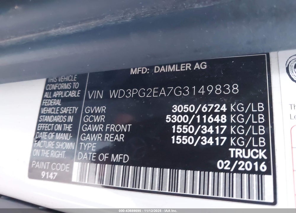 2016 MERCEDES-BENZ METRIS VIN: WD3PG2EA7G3149838