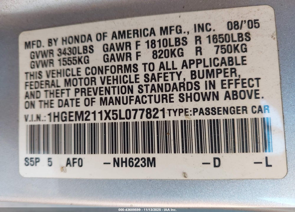 2005 HONDA CIVIC VP VIN: 1HGEM211X5L077821