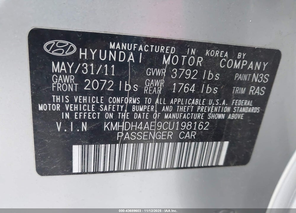 2012 HYUNDAI ELANTRA GLS (ULSAN PLANT) VIN: KMHDH4AE9CU198162