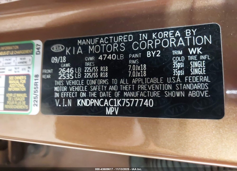 2019 KIA SPORTAGE EX VIN: KNDPNCAC1K7577740