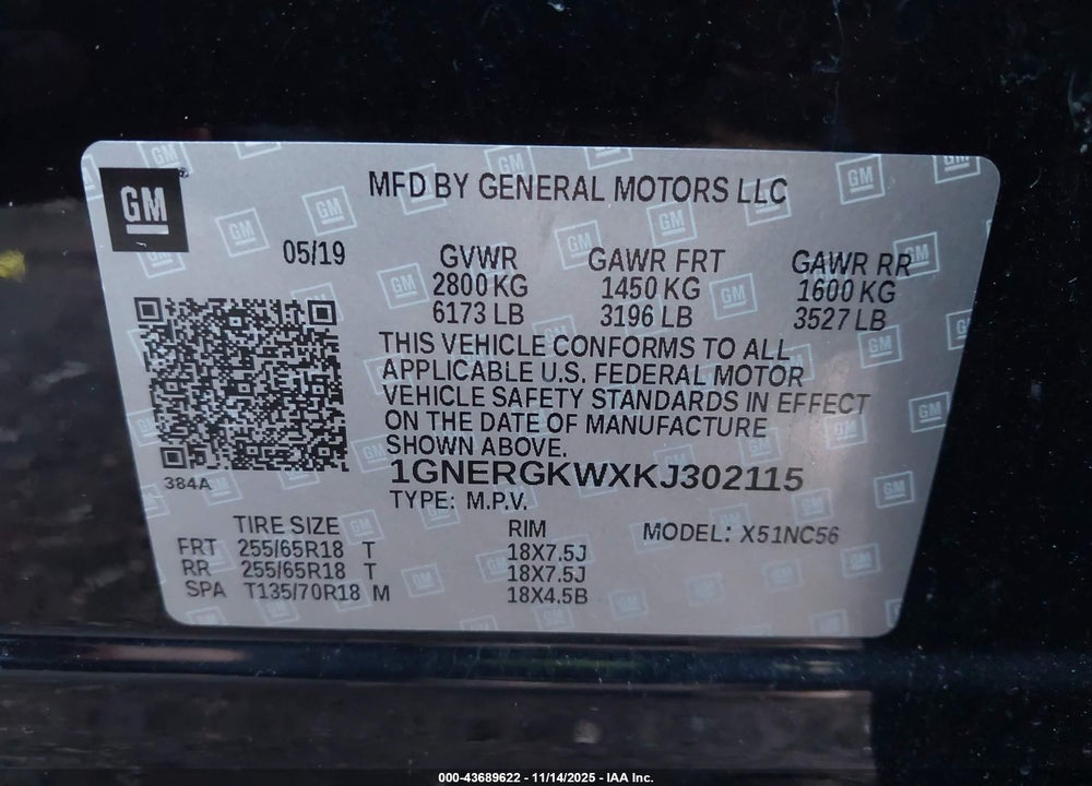 2019 CHEVROLET TRAVERSE 1LT VIN: 1GNERGKWXKJ302115