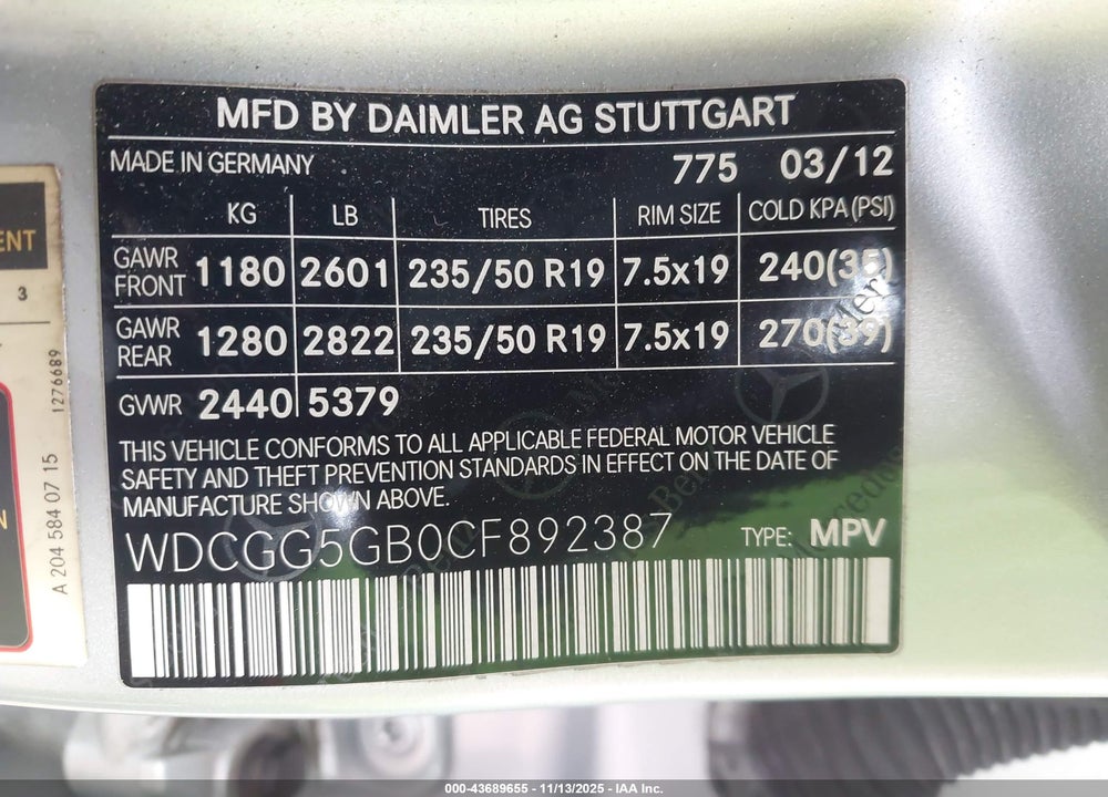 2012 MERCEDES-BENZ GLK 350 VIN: WDCGG5GB0CF892387