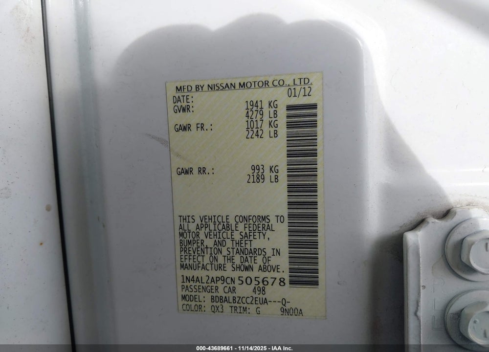 2012 NISSAN ALTIMA 2.5 S VIN: 1N4AL2AP9CN505678