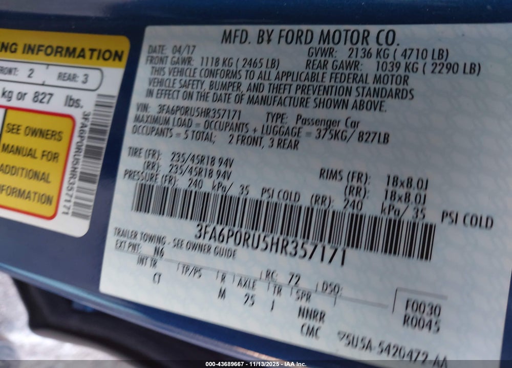 2017 FORD FUSION HYBRID TITANIUM VIN: 3FA6P0RU5HR357171