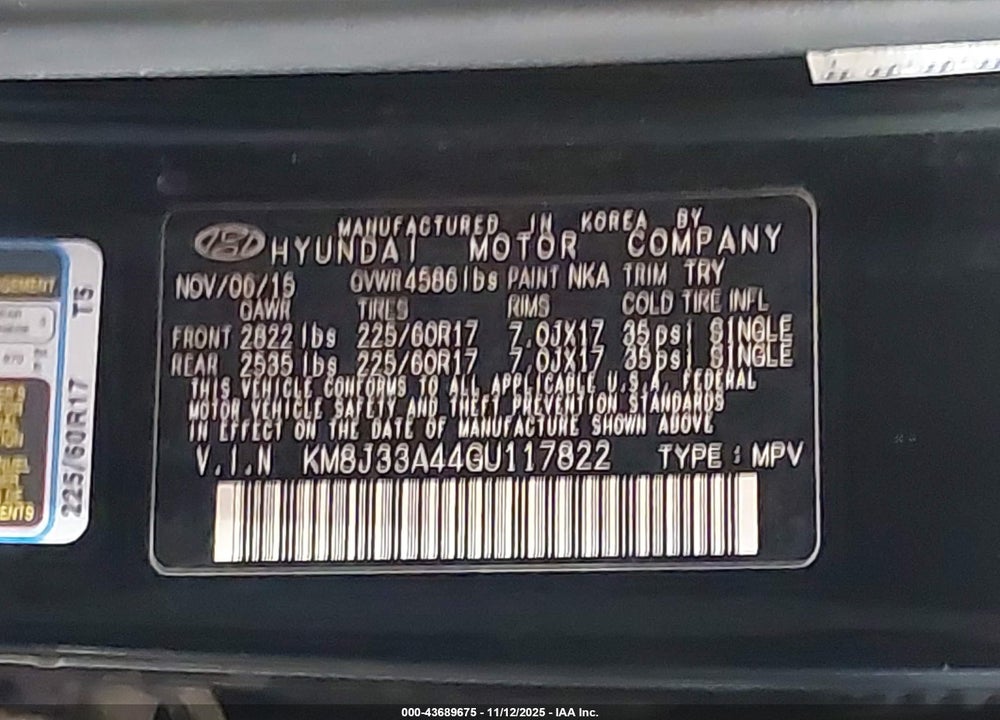 2016 HYUNDAI TUCSON SE VIN: KM8J33A44GU117822