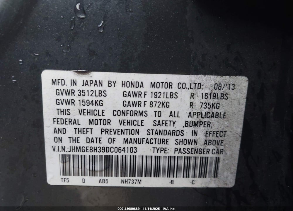 2013 HONDA FIT VIN: JHMGE8H39DC064103