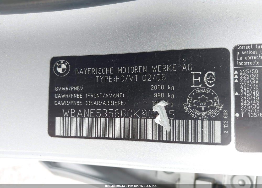 2006 BMW 525I VIN: WBANE53566CK90745