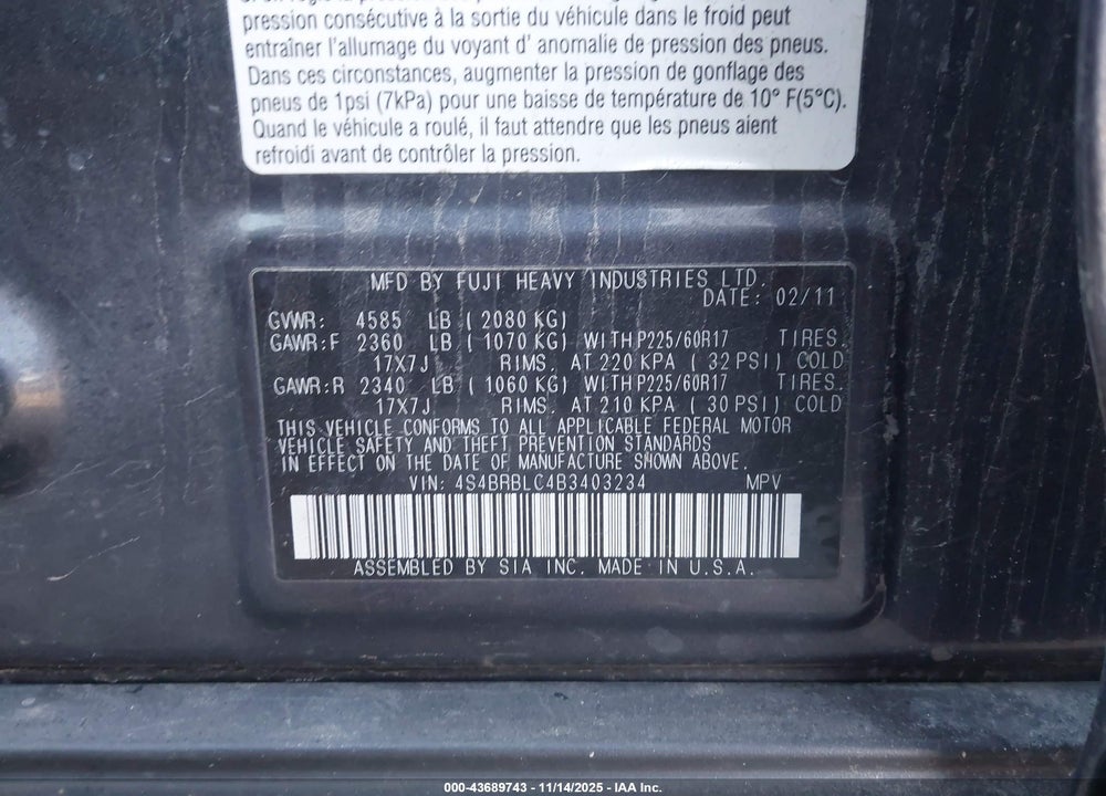 2011 SUBARU OUTBACK 2.5I LIMITED VIN: 4S4BRBLC4B3403234