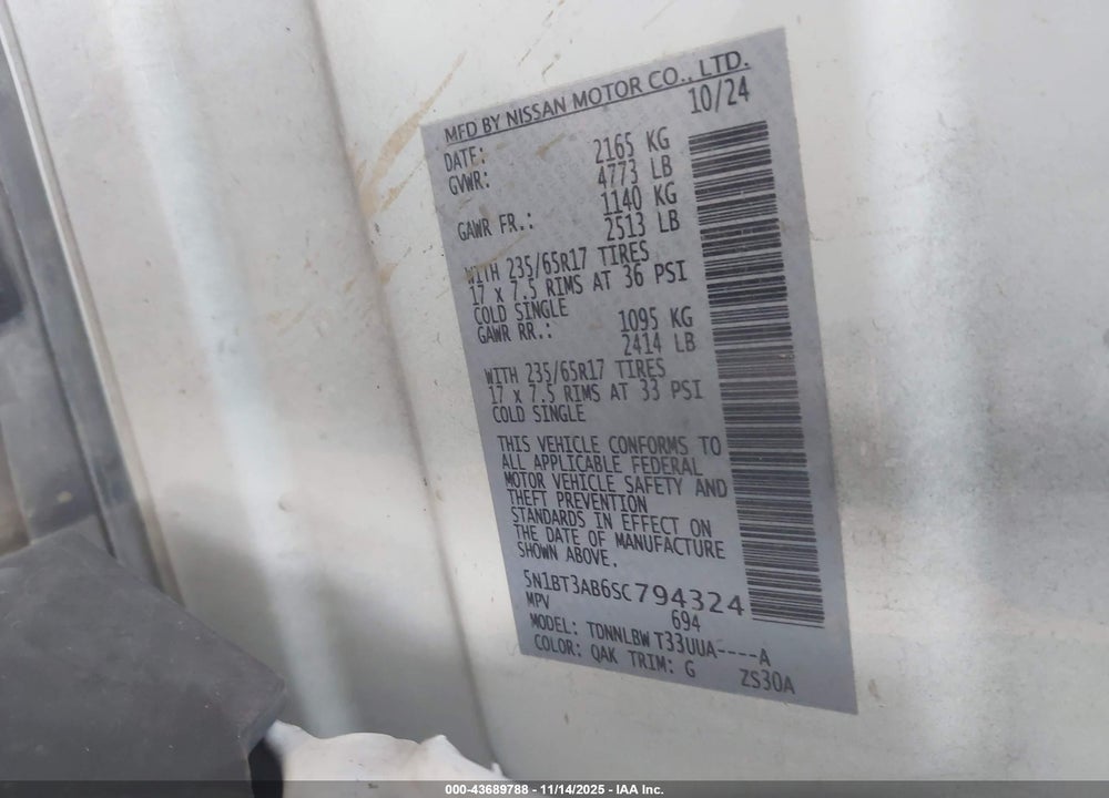 2025 NISSAN ROGUE S VIN: 5N1BT3AB6SC794324