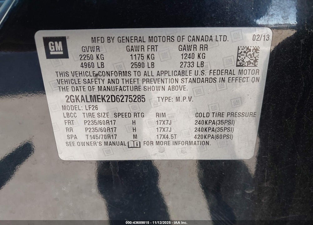 2013 GMC TERRAIN SLE-1 VIN: 2GKALMEK2D6275285