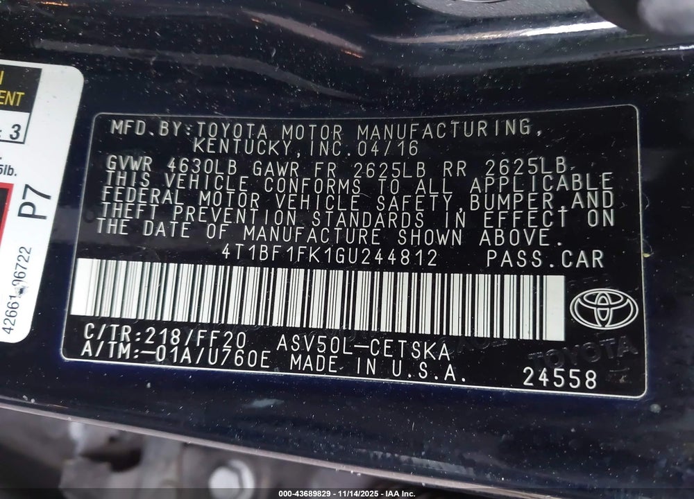 2016 TOYOTA CAMRY SE VIN: 4T1BF1FK1GU244812