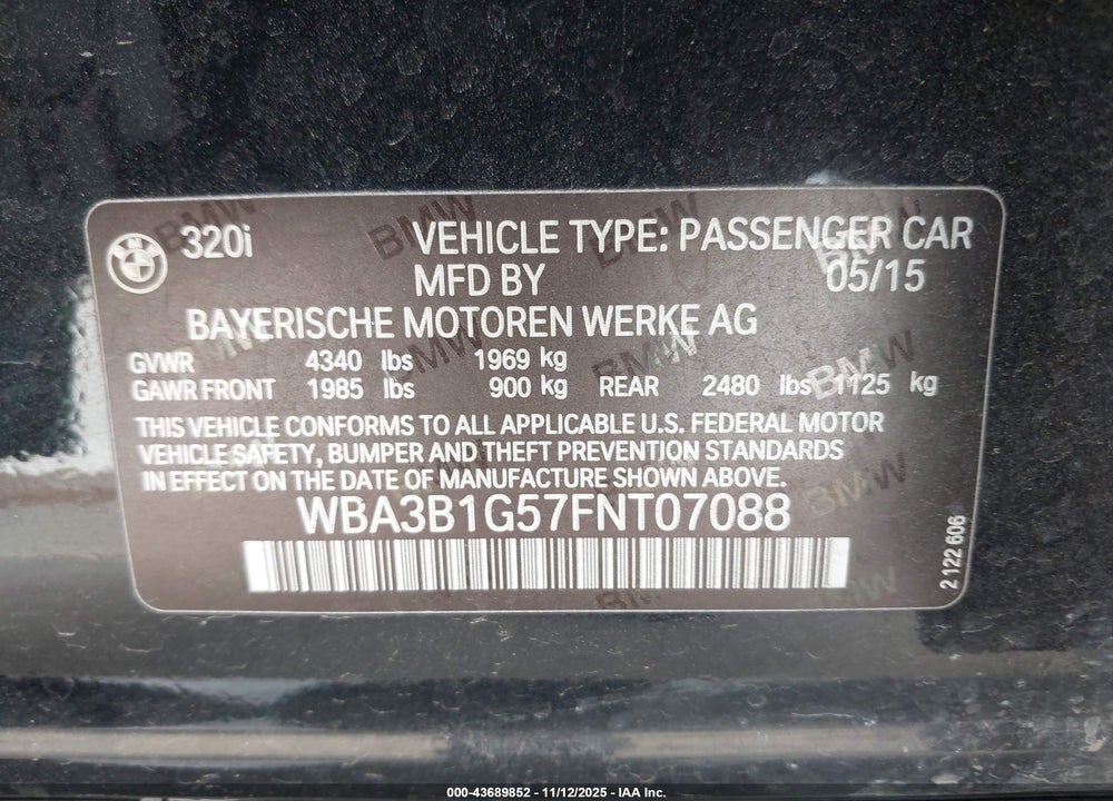 2015 BMW 320I VIN: WBA3B1G57FNT07088