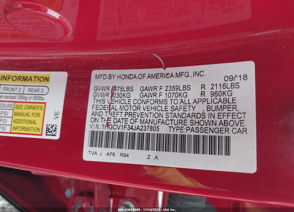 2018 HONDA ACCORD SPORT VIN: 1HGCV1F34JA237805