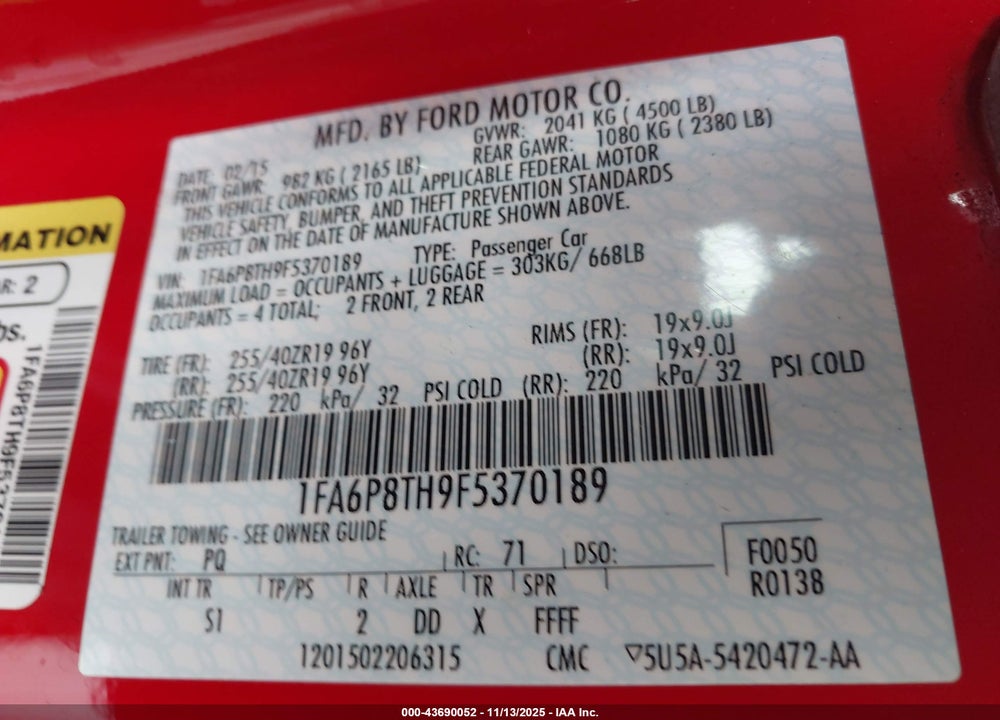 2015 FORD MUSTANG VIN: 1FA6P8TH9F5370189
