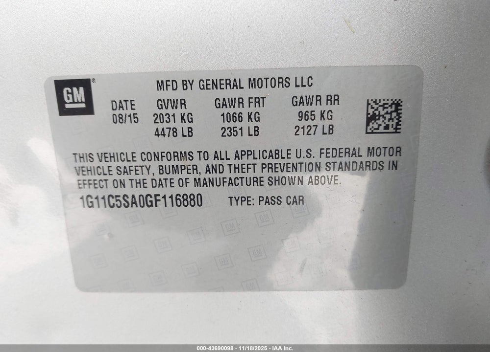 2016 CHEVROLET MALIBU LIMITED VIN: 1G11C5SA0GF116880