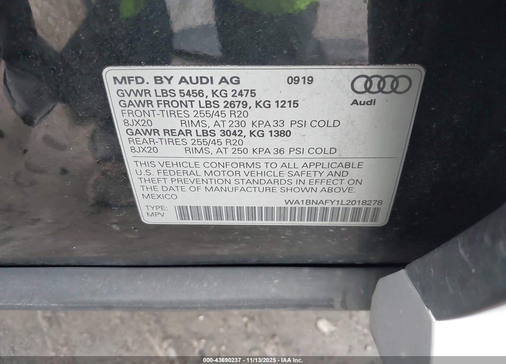 2020 AUDI Q5 PREMIUM PLUS 45 TFSI QUATTRO S TRONIC VIN: WA1BNAFY1L2018278
