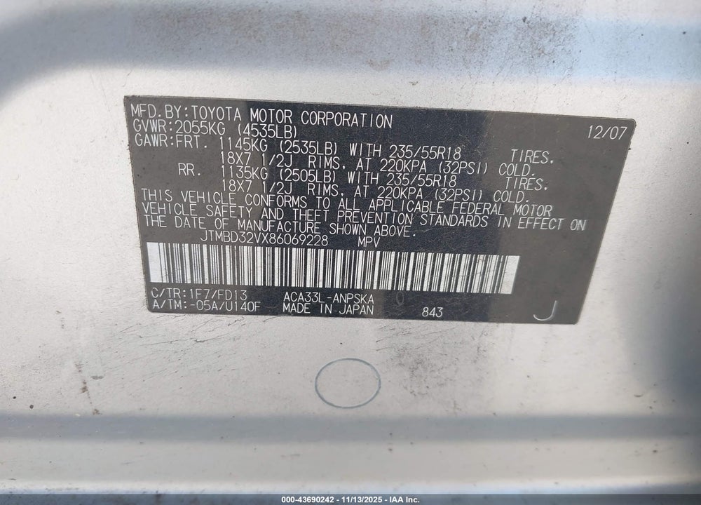 2008 TOYOTA RAV4 SPORT VIN: JTMBD32VX86069228
