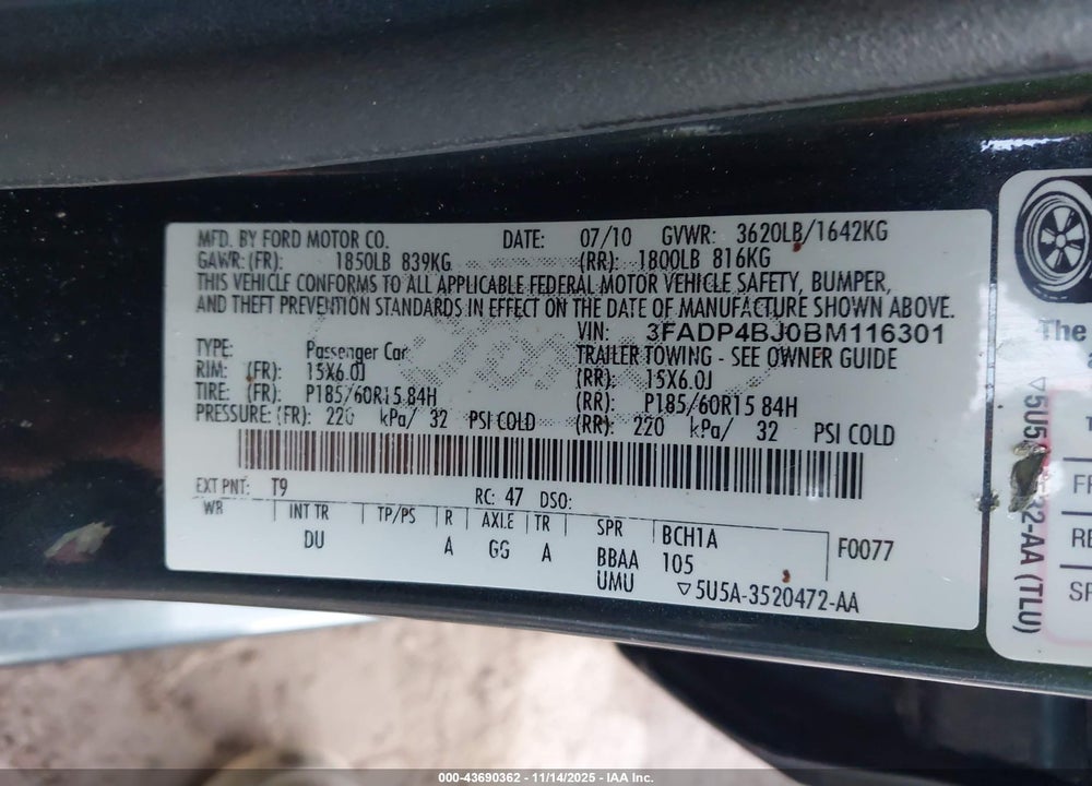 2011 FORD FIESTA VIN: 3FADP4BJ0BM116301