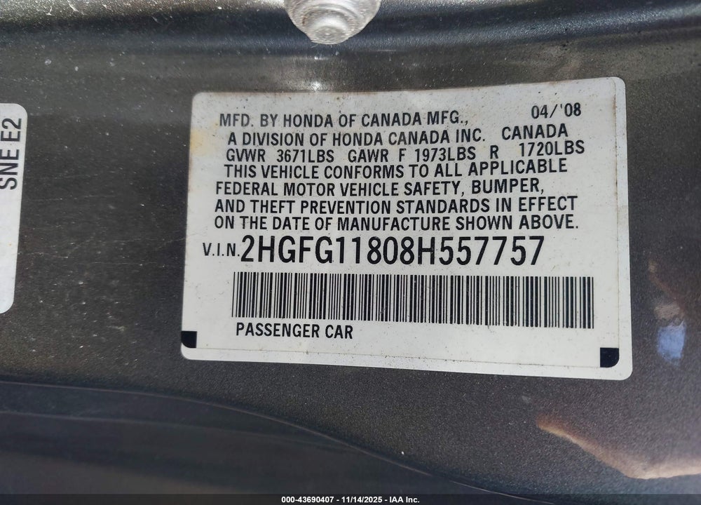 2008 HONDA CIVIC EX VIN: 2HGFG11808H557757