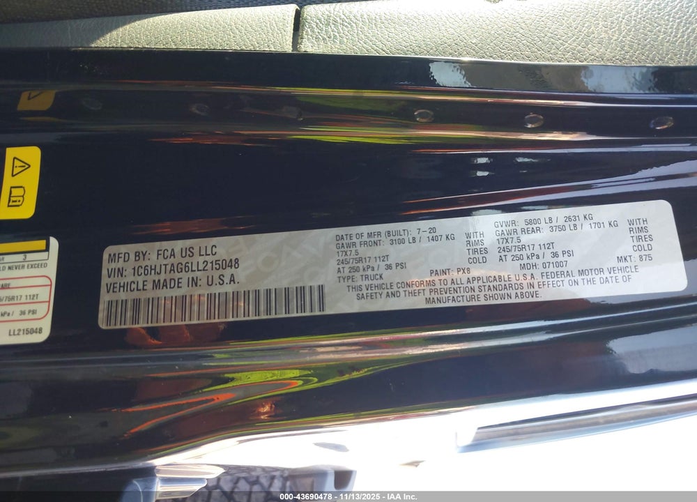 2020 JEEP GLADIATOR SPORT S 4X4 VIN: 1C6HJTAG6LL215048