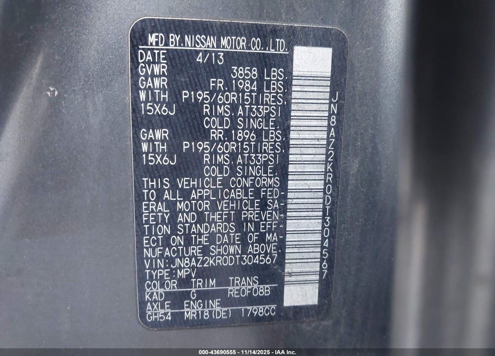 2013 NISSAN CUBE VIN: JN8AZ2KR0DT304567