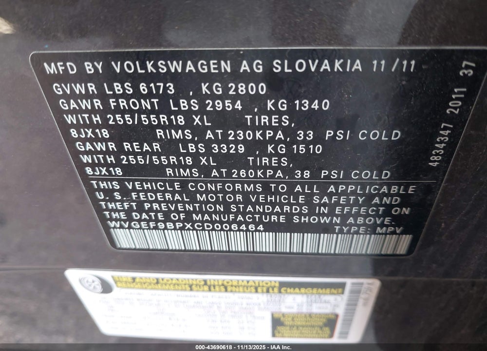 2012 VOLKSWAGEN TOUAREG VR6 SPORT VIN: WVGEF9BPXCD006464