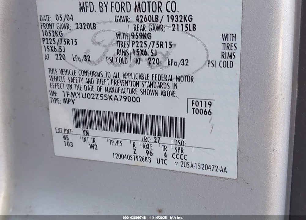 2005 FORD ESCAPE XLS VIN: 1FMYU02Z55KA79000