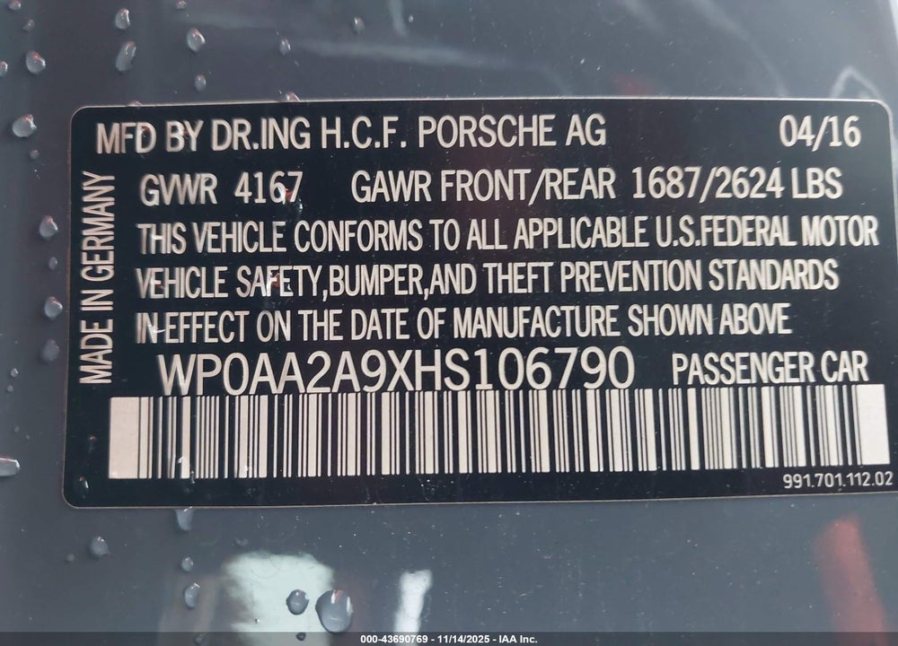 2017 PORSCHE 911 CARRERA VIN: WP0AA2A9XHS106790