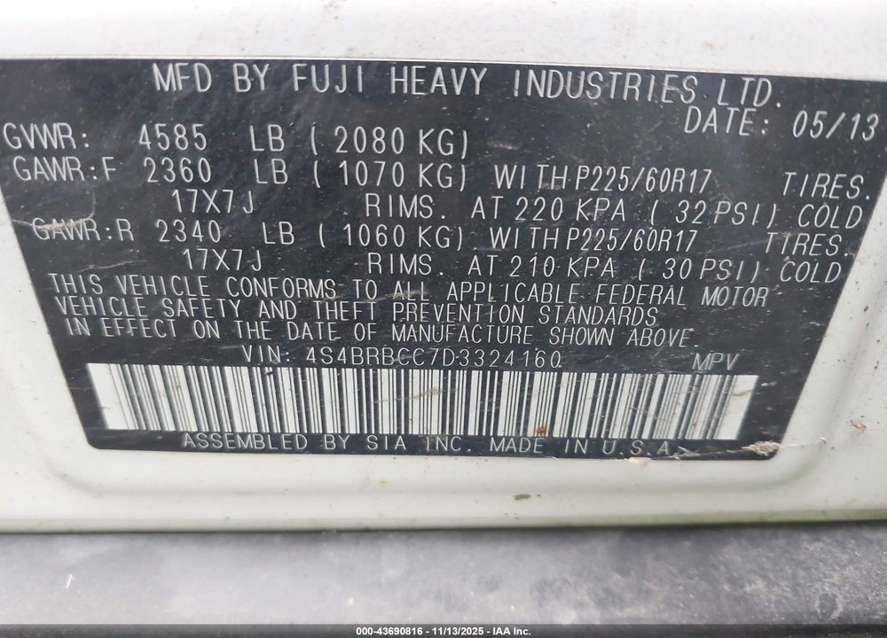 2013 SUBARU OUTBACK 2.5I PREMIUM VIN: 4S4BRBCC7D3324160