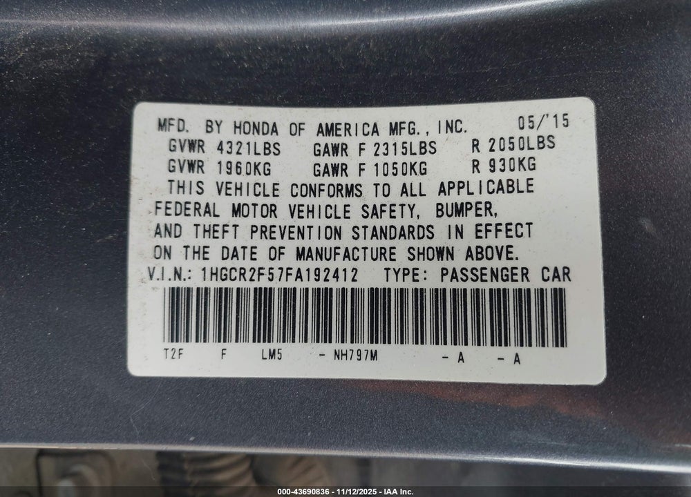 2015 HONDA ACCORD SPORT VIN: 1HGCR2F57FA192412