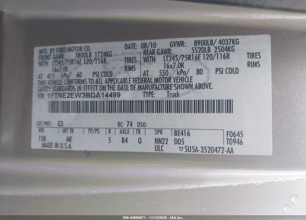 2011 FORD E-250 COMMERCIAL VIN: 1FTNE2EW3BDA14499