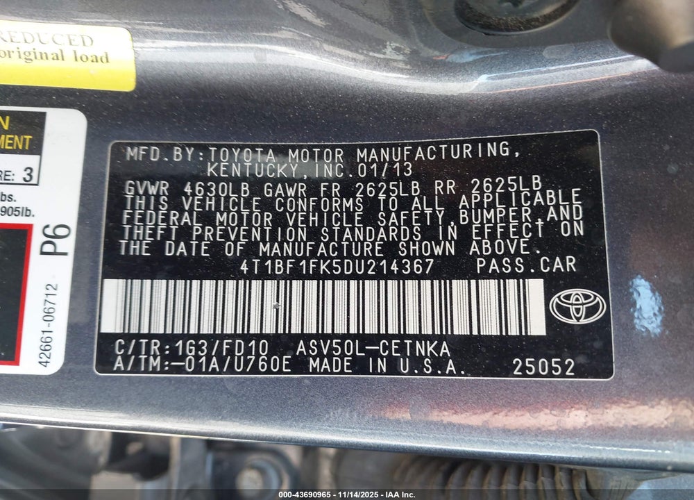 2013 TOYOTA CAMRY LE VIN: 4T1BF1FK5DU214367