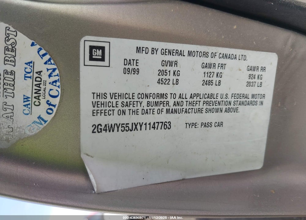 2000 BUICK CENTURY LIMITED VIN: 2G4WY55JXY1147763