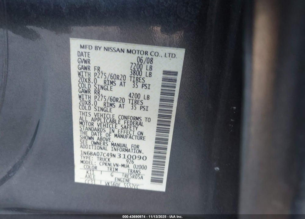 2009 NISSAN TITAN VIN: 1N6BA07C49N310090