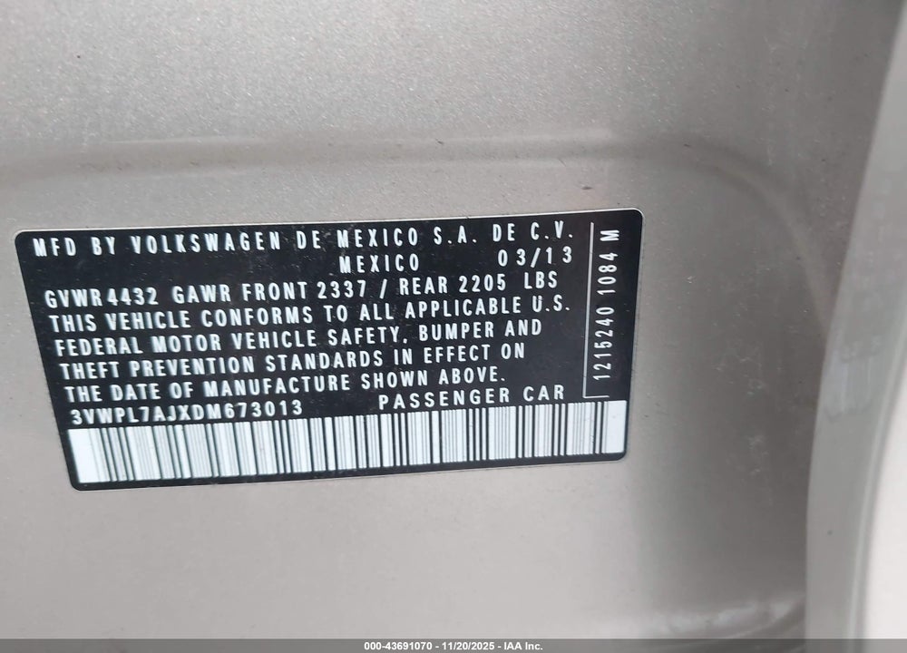 2013 VOLKSWAGEN JETTA SPORTWAGEN 2.0L TDI VIN: 3VWPL7AJXDM673013