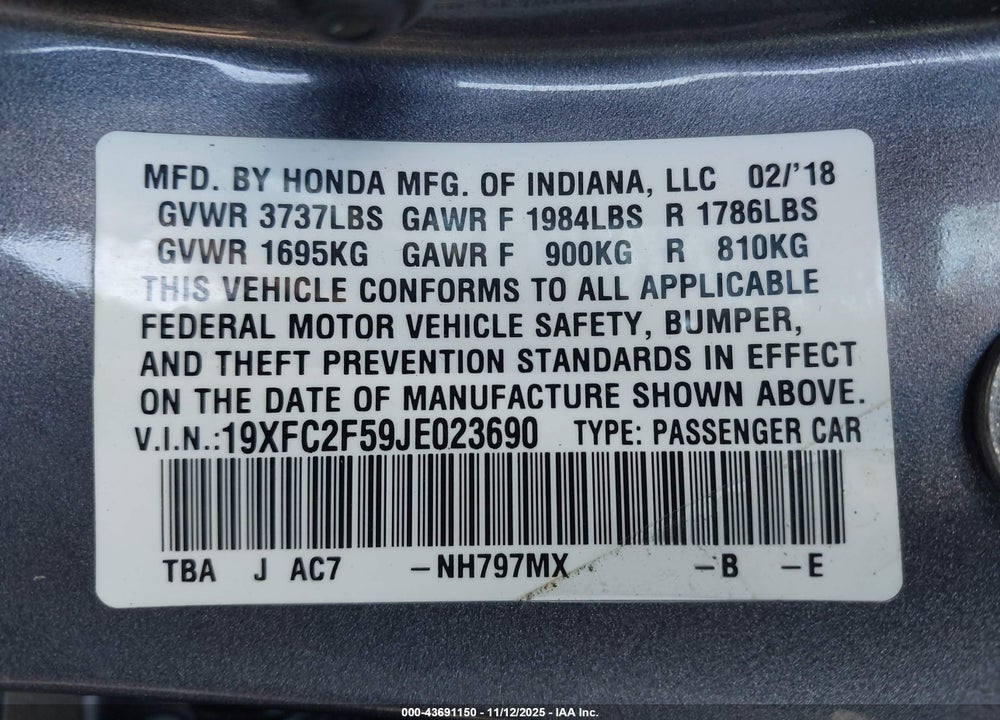 2018 HONDA CIVIC LX VIN: 19XFC2F59JE023690