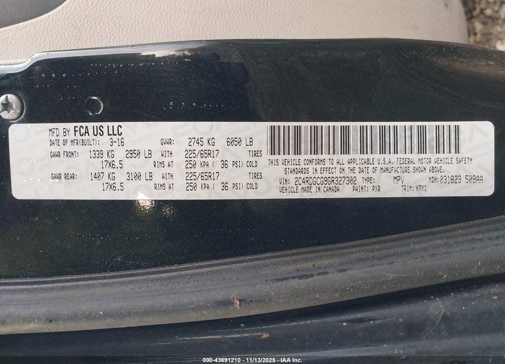 2016 DODGE GRAND CARAVAN SXT VIN: 2C4RDGCG9GR327302