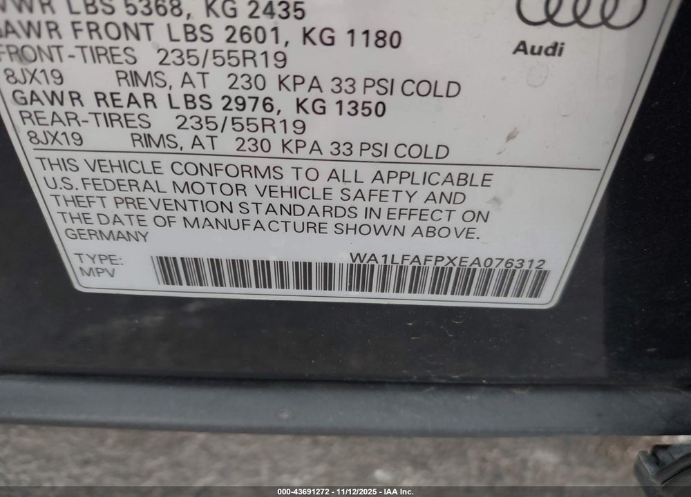 2014 AUDI Q5 2.0T PREMIUM VIN: WA1LFAFPXEA076312