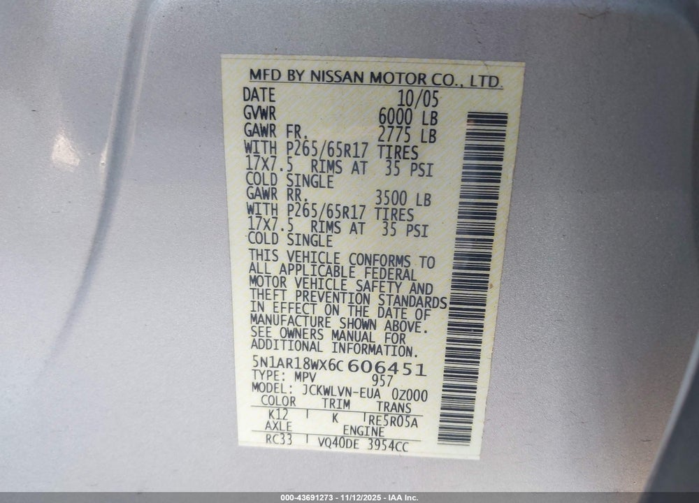 2006 NISSAN PATHFINDER LE VIN: 5N1AR18WX6C606451