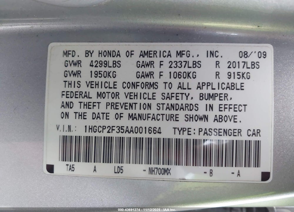 2010 HONDA ACCORD 2.4 LX VIN: 1HGCP2F35AA001664