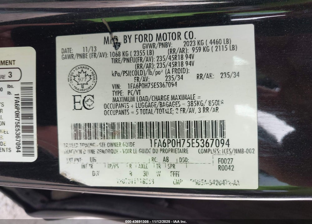 2014 FORD FUSION SE VIN: 1FA6P0H75E5367094