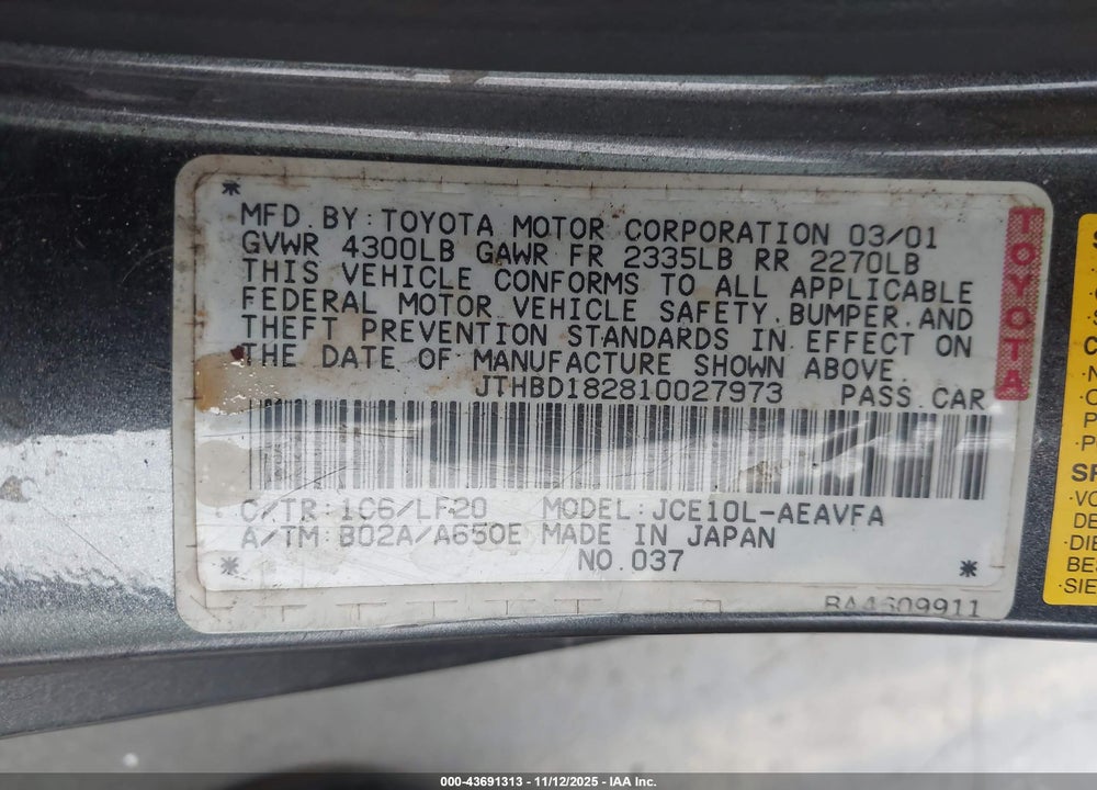 2001 LEXUS IS 300 VIN: JTHBD182810027973