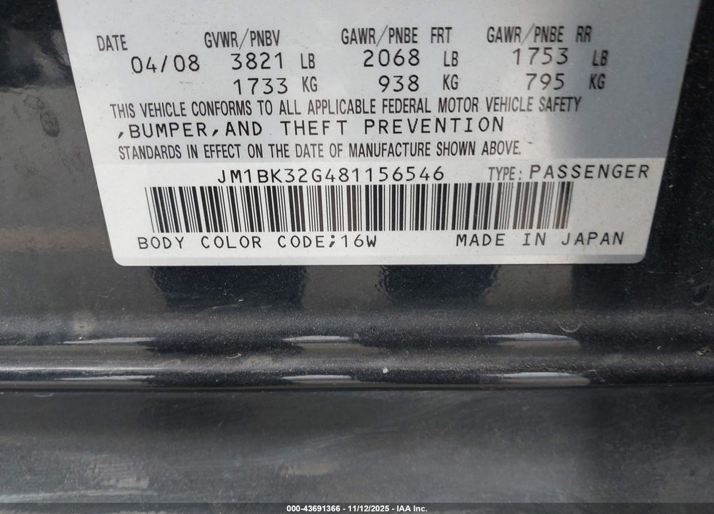 2008 MAZDA 3 VIN: JM1BK32G481156546