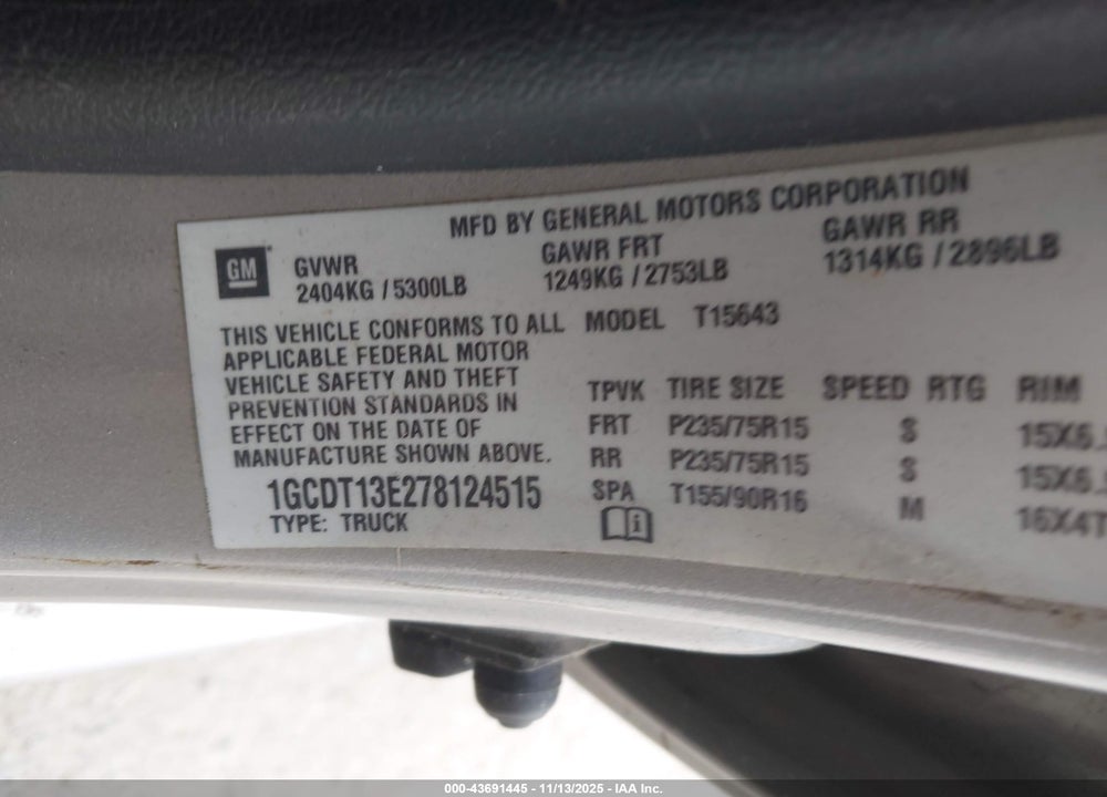 2007 CHEVROLET COLORADO LT VIN: 1GCDT13E278124515