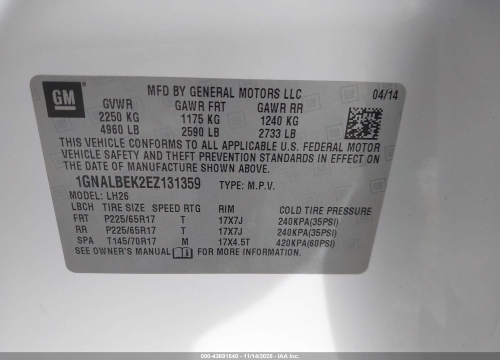 2014 CHEVROLET EQUINOX 1LT VIN: 1GNALBEK2EZ131359