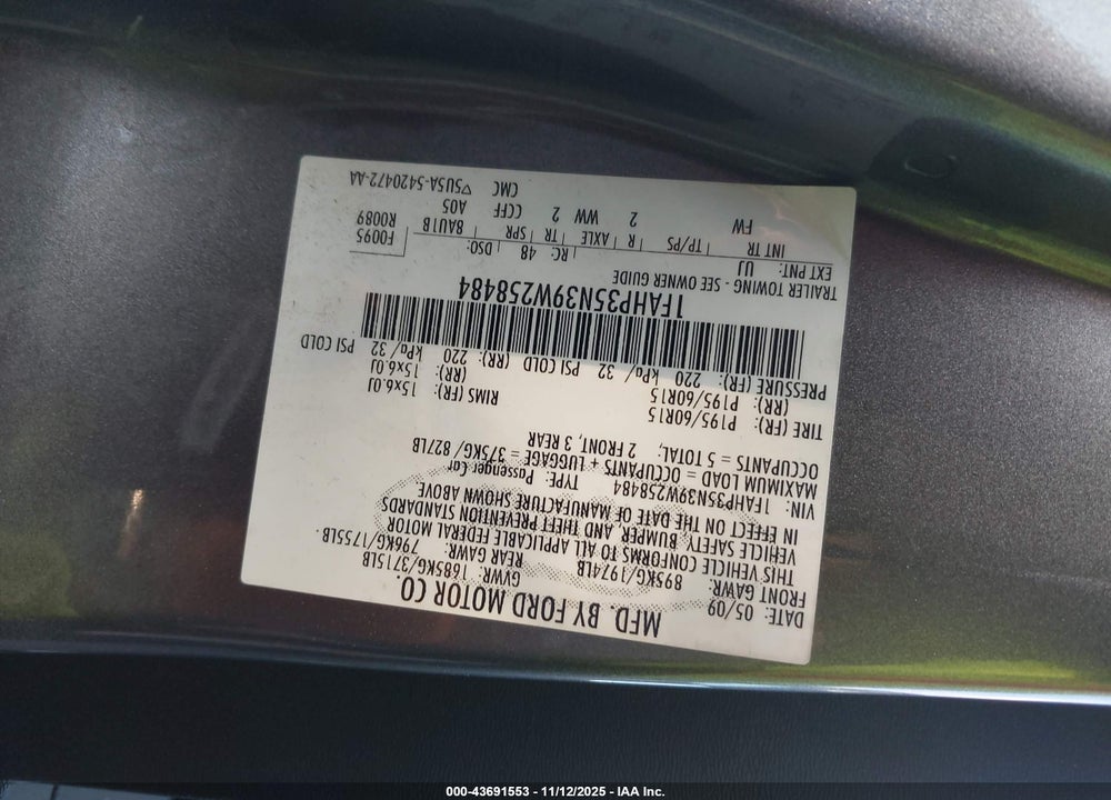 2009 FORD FOCUS SE VIN: 1FAHP35N39W258484
